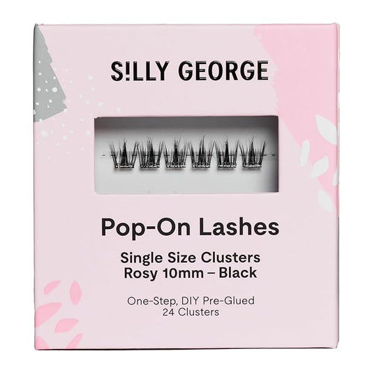 Silly George Single-Size Pop-On Lashes - DIY 1-Step Pre-Glued Faux Eyelash Cluster Kit, Natural Look Extensions, Pack of 24 Individual Clusters, Black - Rosy, 10mm