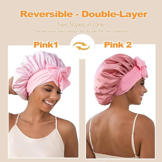 GDTOGRT Satin Silk Bonnet for Sleeping Women - Double Layer Sleep Hair Bonnets Caps for Curly Braid Hair with Tie Band