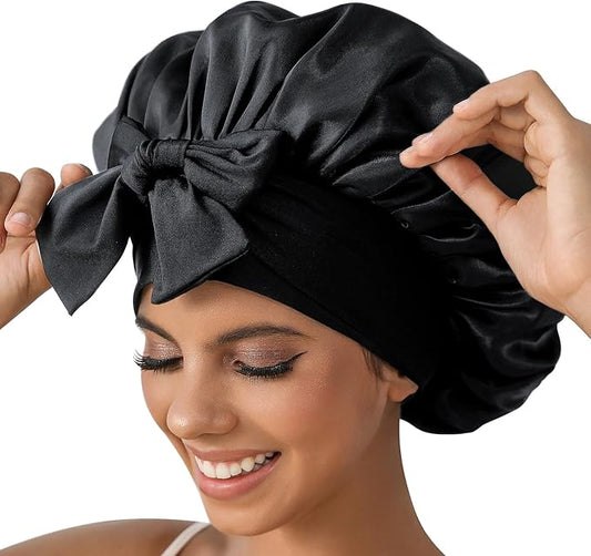 GDTOGRT Satin Silk Bonnet for Sleeping Women - Double Layer Sleep Hair Bonnets Caps for Curly Braid Hair with Tie Band