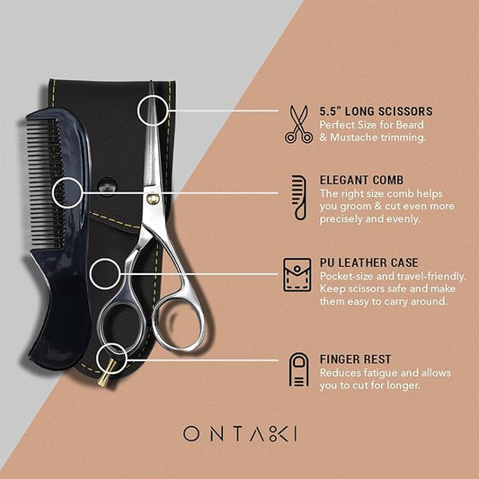 Ontaki 5.5-Inch Japanese Mustache & Beard Scissors - Left-Handed Silver 420C Steel - Hand-Forged & Left-Handed Beard Shears - Ergonomic & Hair Scissors - Comb & Pouch & Barber Shears for Facial Hair