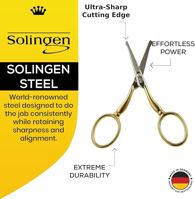 CS06 Professional Hypoallergenic Gold Plated Rounded Safety Tip Scissors for Facial, Body & Nostril Hair. for Men Women & Kids. Made of Durable Stainless Steel in Solingen, Germany