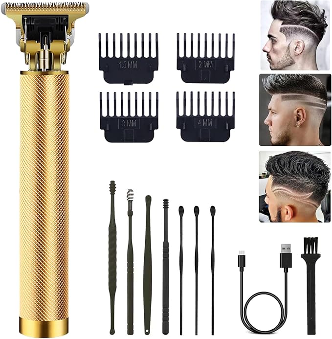 Hair Clippers for Men, Hair Trimmer T Blade Trimmer Zero Gapped Trimmer, Cordless Rechargeable Beard Trimmer Shaver Hair Cutting Kit with Ear Spoon Tool Set (Gold)