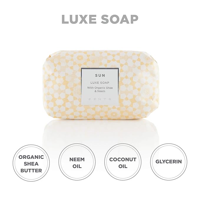 Zents Triple-Milled Luxe Bar Soap (Sun Fragrance) | Moisturizing Soap with Organic Shea Butter | Gentle Hand & Body Wash | Nourishes & Softens Skin | 5.7 oz