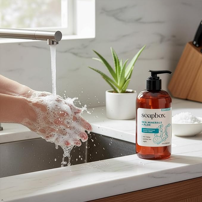 Soapbox Liquid Hand Soap, Sea Minerals & Aloe - Gentle & Moisturizing Hand Wash for Kitchen and Bathroom, Vegan & Cruelty Free Scented Hand Soap 12 Ounce Pump Bottles (Pack of 3)
