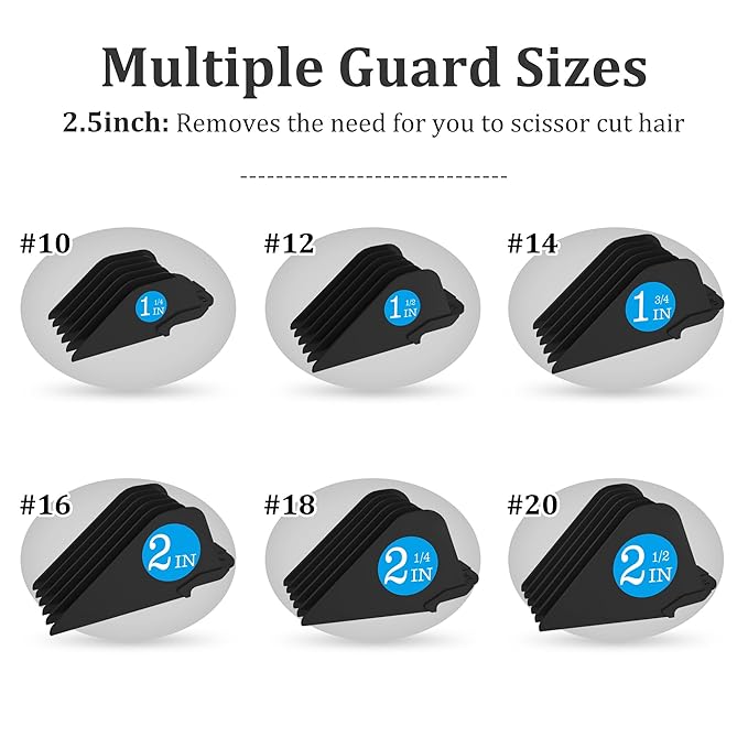 Clipper Guards for Wahl 10 12 14 16 18 20 Hair Clipper Guards 6pcs Extra Long Clipper Guard Attachments 2.5 Inch Clipper Guides Multiple Sizes Universal 2.5", 2.25", 2", 1.75", 1.5", 1.25" (Black)