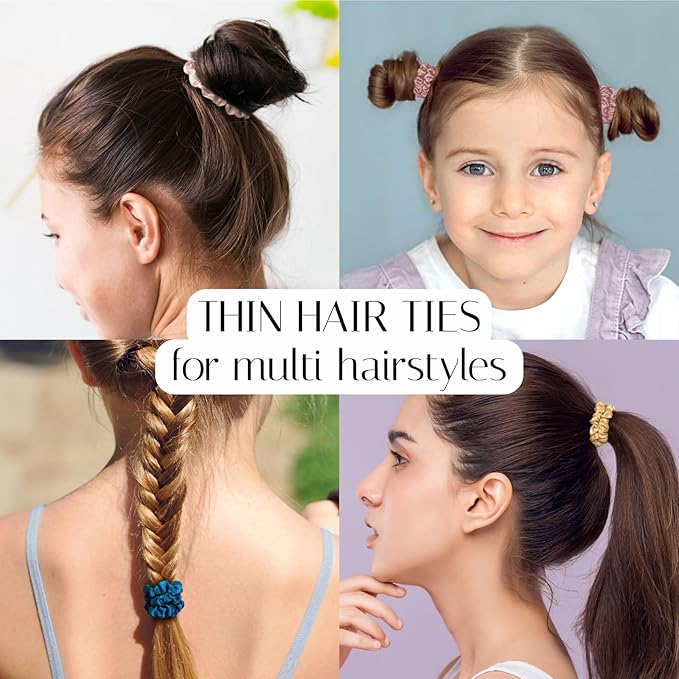 OLESILK Silk Hair Ties for Women: 100% Mulberry Skinny Silk Scrunchies, Soft Smooth No Damage No Crease for Thin Fine Curly Hair 5 Pack, Black