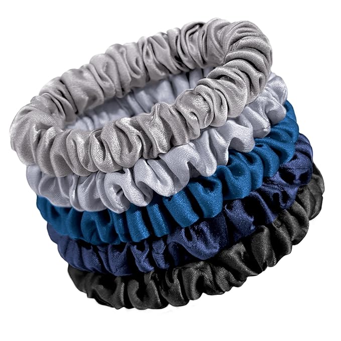OLESILK Silk Hair Ties for Women: 100% Mulberry Skinny Silk Scrunchies, Soft Smooth No Damage No Crease for Thin Fine Curly Hair 5 Pack, Dark
