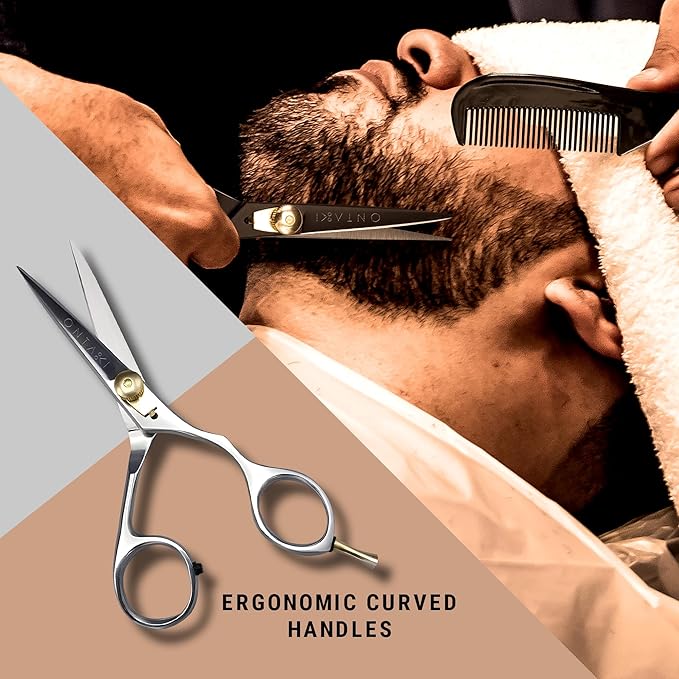 Ontaki Hair Scissors for Beard & Mustache - 5.5" 420C Japanese Steel, Silver, Right Hand - Hand-Forged Hair Cutting Scissors with Ergonomic Handles - Includes Beard Comb with Handle & PU Leather Pouch
