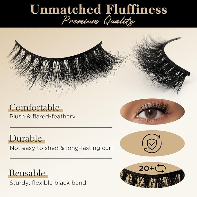 Bepholan Fales Eyelashes Natural Look Mink Fake Eyelashes 3-Pack Soft Band Cat Eye Lashes Manga Eyelashes Fluffy,XMZ208