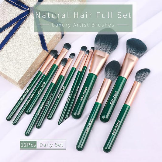 Natural Fiber & Goat Hair Makeup Brush Set Professional, Combined Hair Makeup Brushes Set with Case by Luxury ENZO KEN, Emerald Green Cosmetic Brushes Makeup Set, Natural Bristle Makeup Brushes.