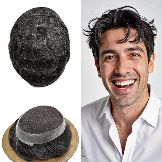 FACE MIRACLE French Lace Mens Toupee Human Hair System Swiss Lace Center Toupee for Men Durable Skin PU Around Hair Replacement System V-Looped Mens Hair Wig Units 6"X8" #1B20 Off Black with 20% Gray