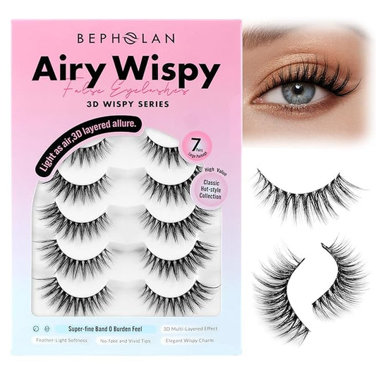 Bepholan False Eyelashes 7 Pairs Strip Eye Lash Natural Look Wispy Lashes Reusable Thin Clear Band & Soft Fake Lashes（W06）