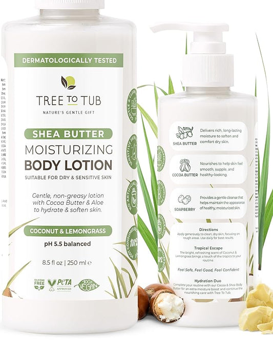 Tree to Tub Cocoa Butter Lotion for Sensitive Skin - Moisturizing Shea Butter Lotion for Extremely Dry Skin for Women & Men - Lemongrass & Coconut Body Cream w/Organic Aloe Vera, Colloidal Oatmeal