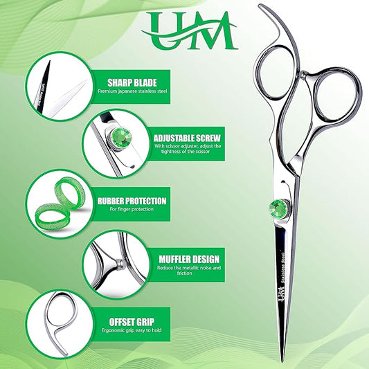 UM Supplies Scissors 6.5 | Premium Barber Shears For Hair Cutting | Multiple Purpose Cutting Scissors | Haircut Scissors For Salon I Women | Mens | kids I Pets | Silver-Green