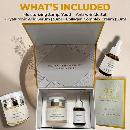"SOLARIELLE Anti-Aging Skincare Set | Hyaluronic Acid Serum & Collagen Cream | Face & Neck Duo for Wrinkle Reduction | Natural Peptide Formula"