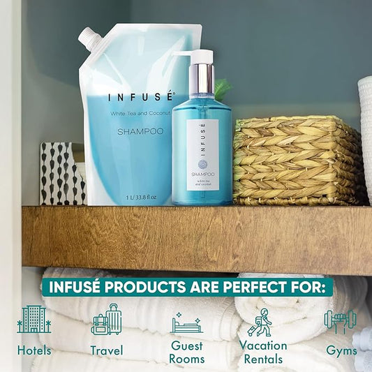 1 Liter Shampoo Refill Bag For Soap Dispensers | Bulk Toiletries for Vacation Rentals, and Home Bathroom Showers | White Tea and Coconut | Single