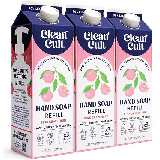 Cleancult Liquid Hand Soap Refill - Pink Grapefruit- Moisturizes Dry & Sensitive Skin - Made with Aloe Vera & Essential Oils - Eco Friendly - Paper-Based Packaging - 32 oz/3 Pack