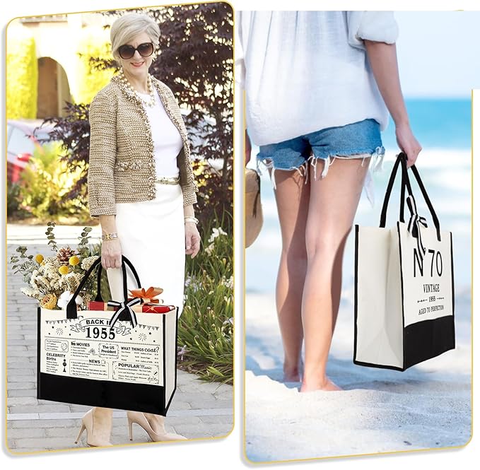 70th Birthday Gifts for Women Canvas Tote Bag Travel Gear, Unique 70 Years Old Gifts for Wife Sister Mom Aunt Friends Her, Vintage N°70 Handbag & Cosmetic Bag & Back in 1955 Poster