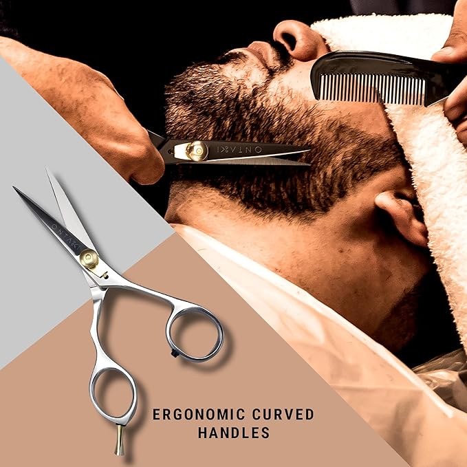 Ontaki 5.5-Inch Japanese Mustache & Beard Scissors - Left-Handed Silver 420C Steel - Hand-Forged & Left-Handed Beard Shears - Ergonomic & Hair Scissors - Comb & Pouch & Barber Shears for Facial Hair