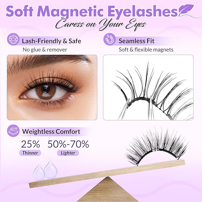 Bepholan Soft Magnetic Lashes with Applicator,No Glue Needed Reusable Magnetic Eyelashes Natural Look Easy to Wear and Remove Waterproof Cruelty-free False Eyelashes（RC01）