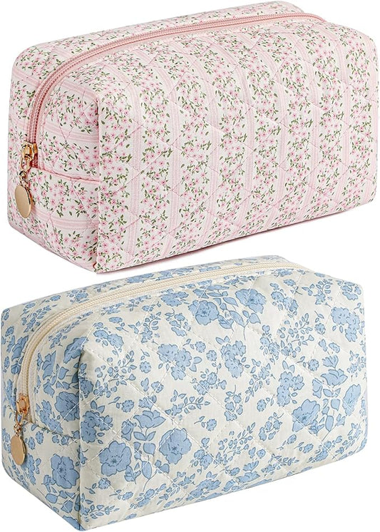 JOVAKIT Square Makeup Bag Cute Cosmetic Bag for Women, Floral Coquette Aesthetic Toiletry Bag, Zipper Make Up Pouch, Travel Make Up Organizer Bag (Pink+Blue Floral)