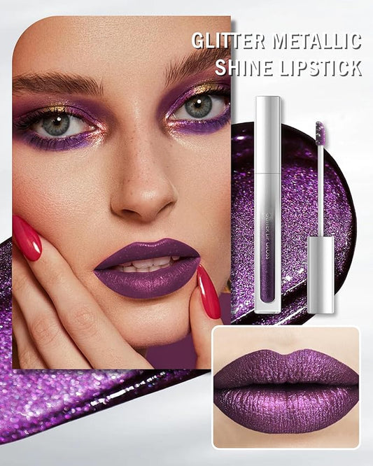 Glitter Sheer Plum Lip Gloss, Matte Metallic Shimmer Non-Stick Lip Gloss,Long-Lasting Waterproof Smudge Proof Liquid Lipstick Lipgloss,Sparkle Diamond Lip Tint Stain, Makeup Gift for Women Girl-08