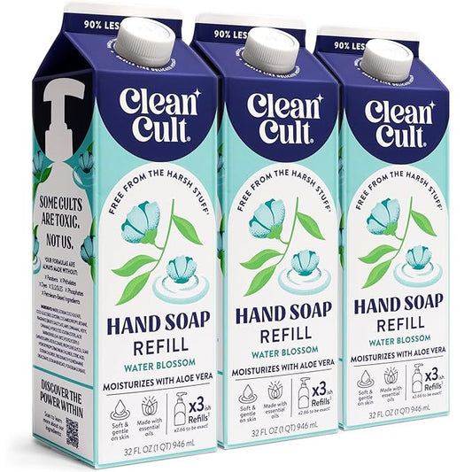 Cleancult Liquid Hand Soap Refill - Water Blossom - Moisturizes Dry & Sensitive Skin - Made with Aloe Vera & Essential Oils - Eco Friendly - Paper-Based Packaging - 32 oz/3 Pack