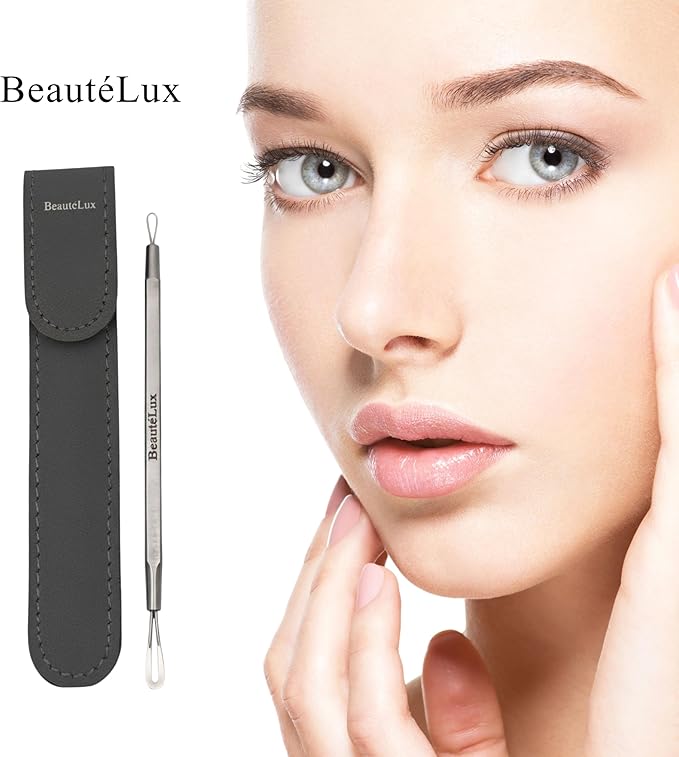 Blackhead Removal Tool, 2-in-1 Acne Extractor Tool - Stainless Steel Blackhead/Whitehead Remover for Face/Nose, Grey Leather Pouch