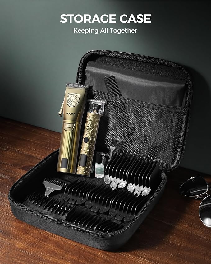 GLAKER Hair Clippers for Men,Professional Mens Hair Clippers Cordless Clippers for Hair Cutting,Precision Trimmer Kit Zero Gap Trimmer with LED Display 15 Guide Combs (Gold)