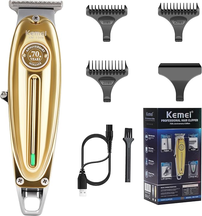 KEMEI Professional Beard & Hair Trimmer for Men, Cordless T-Blade Trimmers, Electric Hair Clippers for Barbers and Stylists, All Body Grooming-Model 1949 Gold