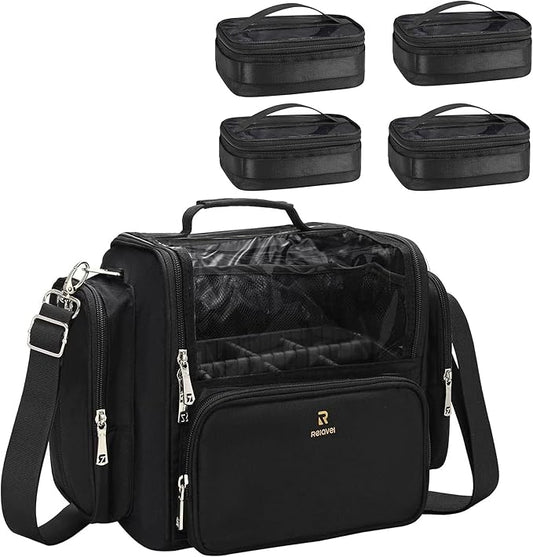 Makeup Brush Bag Extra Large Makeup Brush Case with 4 small bags Professional Makeup Artist Brush Holder Stand Up Organizer for Travel with Adjustable Dividers and Shoulder Strap