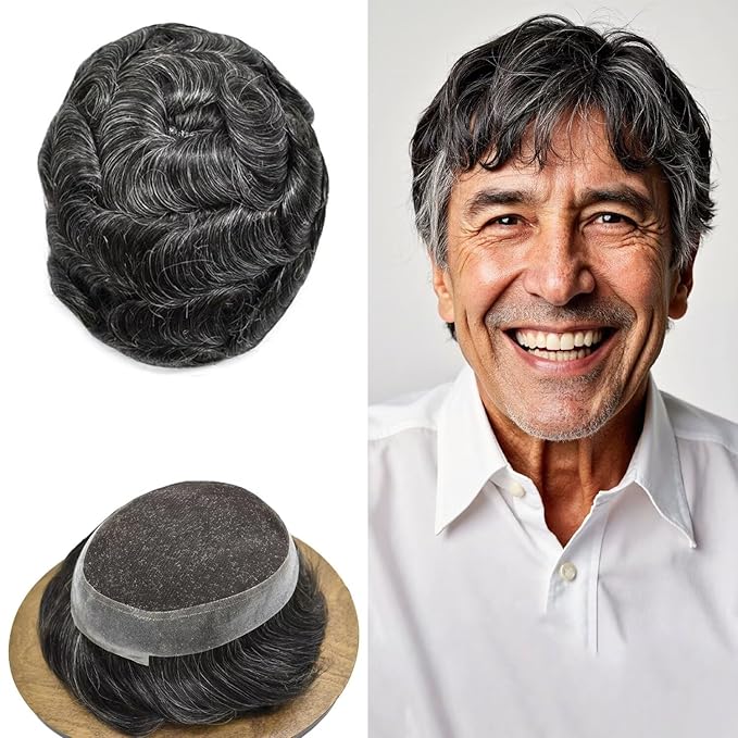 FACE MIRACLE Toupee for Men French Lace Hairpiece Human Hair Replacement System Skin PU Mens Toupee V-Looped Front Hair Piece 6"X8" #1B40 1B# OFF BLACK WITH 40% SYNTHETIC GREY-80% Light Density