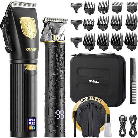 GLAKER Hair Clippers for Men,Professional Mens Hair Clippers Cordless Clippers for Hair Cutting,Precision Trimmer Kit Zero Gap Trimmer with LED Display 15 Guide Combs (Black+Gold)