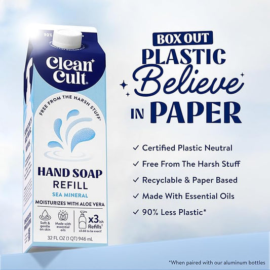 Cleancult - Liquid Hand Soap Refills - Sea Minerals - Gentle On Sensitive Skin - Made with Aloe Vera & Essential Oils - Eco Friendly - Paper-Based Packaging - 32 oz/2 Pack
