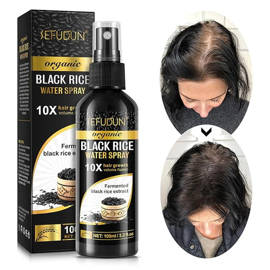 (3Pc) Organic Black Rice Water Spray for Hair Growth, A Solution with Castor Oil & Ginger Root Extract for Thicker, Fuller Hair, Targets Hair Loss and Repairs Damage 300ml/9.6 fl.oz