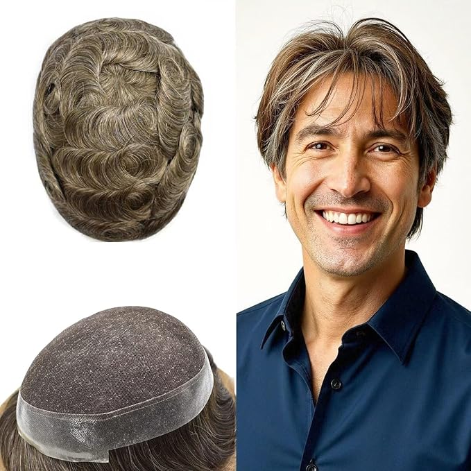 FACE MIRACLE Mens Toupee Lace Front Hairpieces Soft Human Hair Replacement System Natural Hairline Toupee for Men French Lace Poly V-Looped Mens hair Units 6"X9" #630 Light Brown with 30% Gray