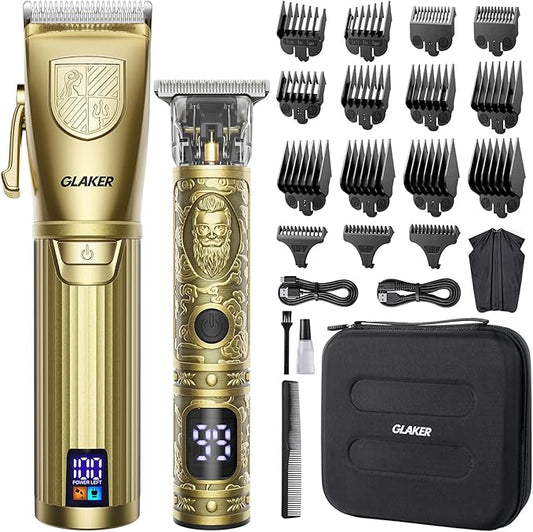 GLAKER Hair Clippers for Men,Professional Mens Hair Clippers Cordless Clippers for Hair Cutting,Precision Trimmer Kit Zero Gap Trimmer with LED Display 15 Guide Combs (Gold)