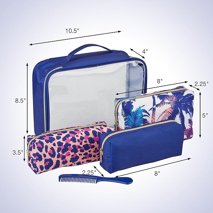 Conair Women's 5 Piece Toiletry and Cosmetic Bag, Blue Palm, 1 Count (Pack of 2)