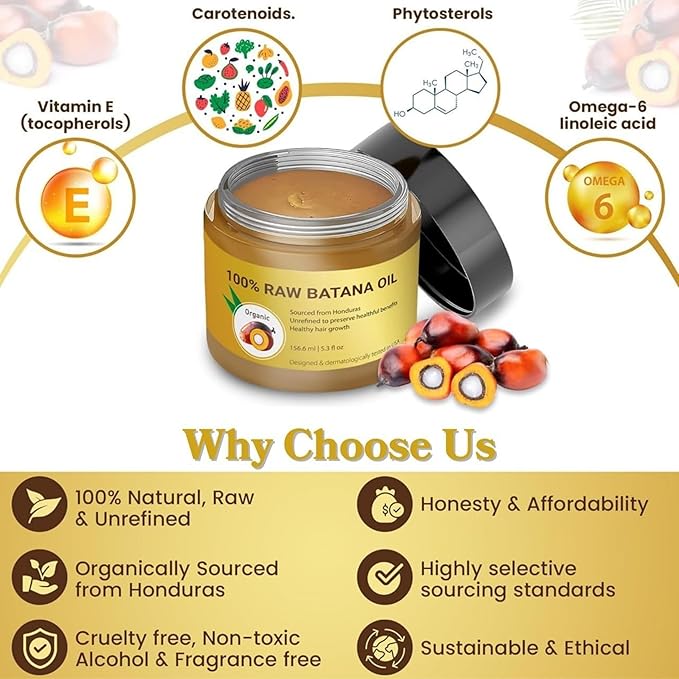 Batana Oil for Hair Growth – 100% Raw Unrefined Organic Ojon Oil from Honduras – Cold Pressed Hair Treatment for Thicker, Fuller, Healthier Hair – Dry Scalp & Damage Repair – 5.3 oz