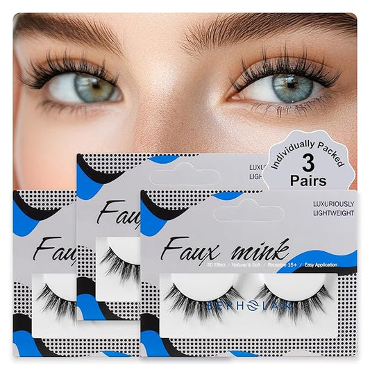 Lashes Natural Look False Eyelashes - Bepholan Fake Eyelashes 3D Super Fluffy False Lashes Black Band Wispy Lashes 3-Pack Faux Mink Lashes,XMZ21-3