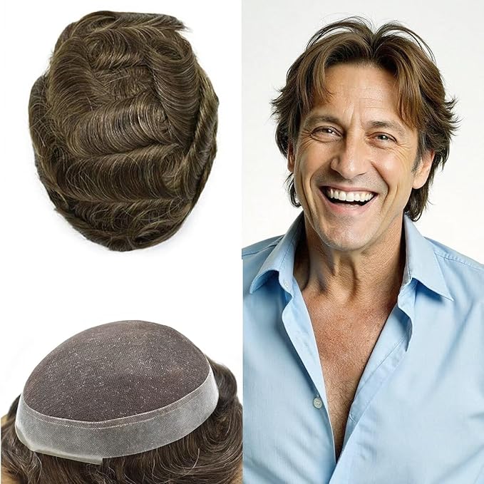 Toupee for Men French Lace Center Human Hair Replacement Systems Transparent Lace Center Hair Piece Mens Toupee Hair Units for Man V-Looped Front Male Hair Prosthesis 6"X9" 4# MEDIUM BROWN