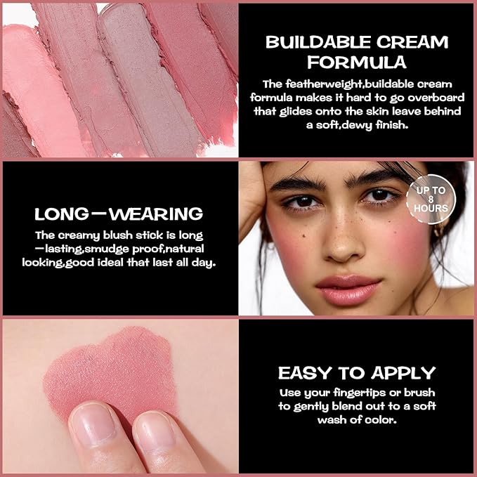 FOCALLURE Cream Blush Makeup,Buildable Blush Stick for Cheeks,Matte and Dewy Finish,Long Wearing,Easy Application,Lightweight Multi Stick,ROSE FLUSH