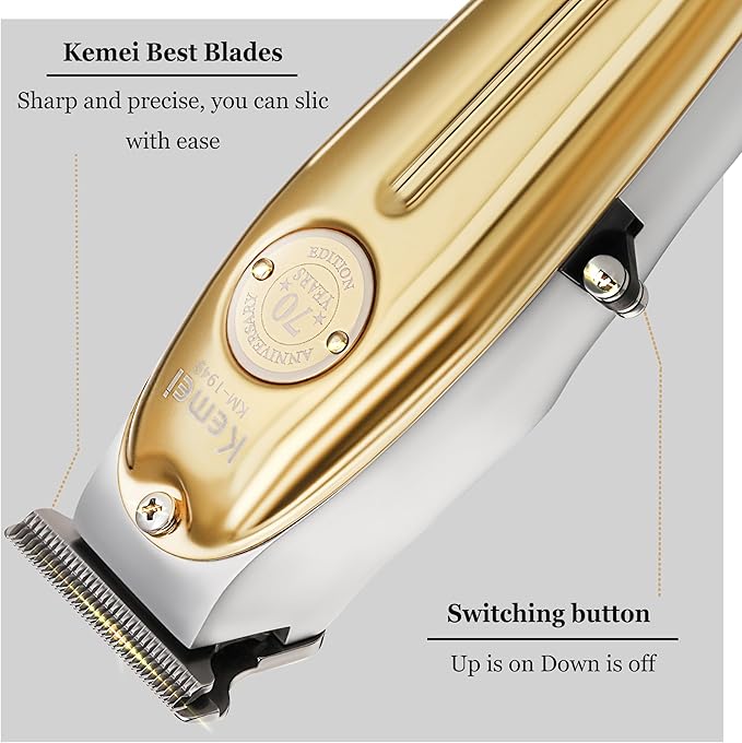 KEMEI Professional Beard & Hair Trimmer for Men, Cordless T-Blade Trimmers, Electric Hair Clippers for Barbers and Stylists, All Body Grooming-Model 1949 Gold