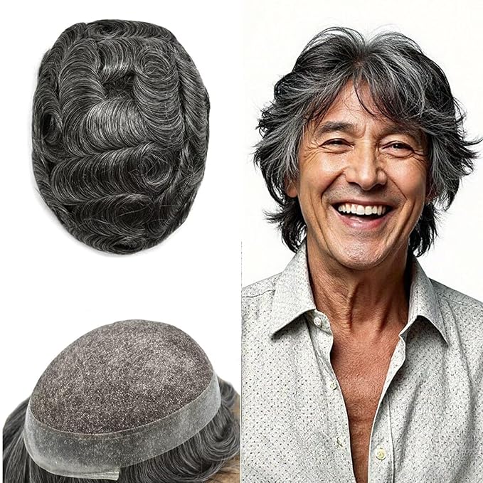 FACE MIRACLE Toupee for Men French Lace Hairpiece Human Hair Replacement System Skin PU Mens Toupee Hair Wigs for Man V-Looped Front Hair Prosthesis 8"X10" #1B50 1B# OFF BLACK WITH 50% SYNTHETIC GREY