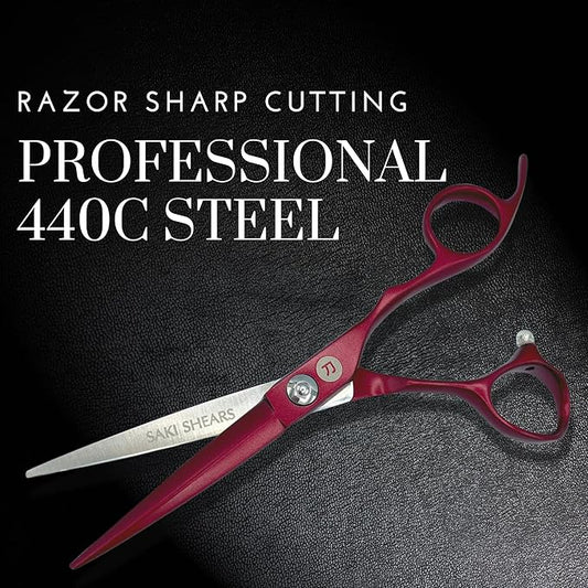 Saki Red Hair Cutting Scissors - 6" Inch Hair Shears - Red Titanium Finish - Professional Use - 440C Japanese Steel